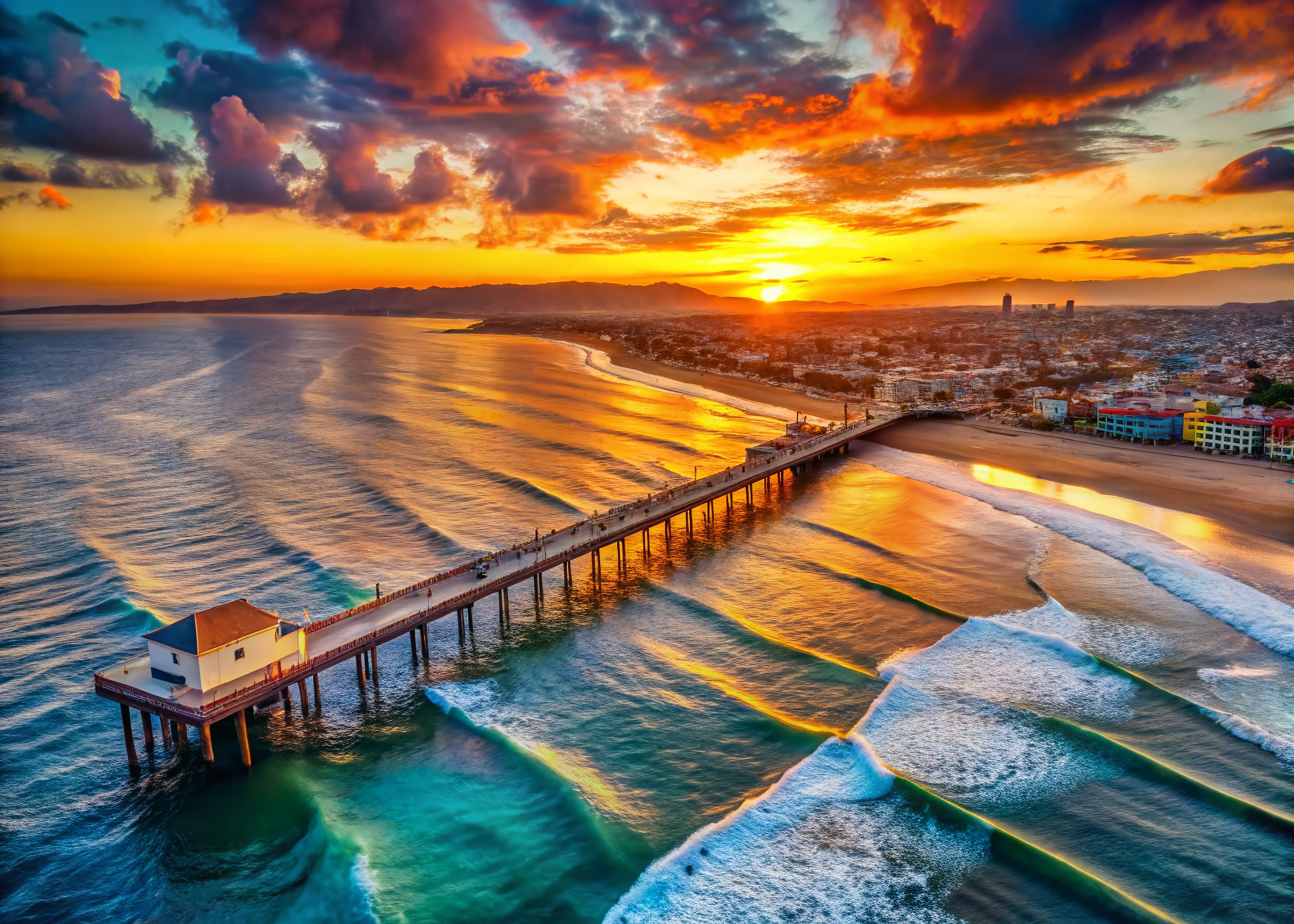 A peer stretching into the ocean with a dramatic sunset in the background